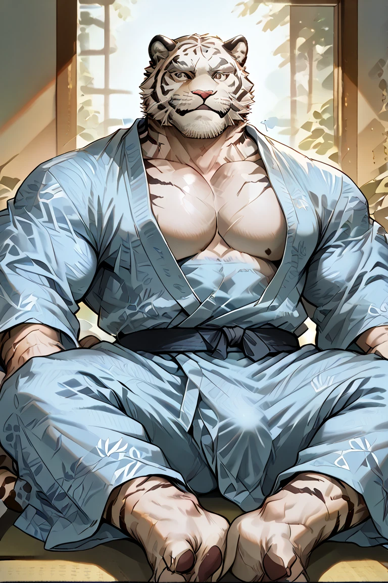 Solitary, anthropology, hairy, hairy male, Tiger, ((Fluffy fur, Fluffy, hairy body)), (Tiger印), (short beard), youth, muscular, White skin, White big muscle, Golden pupils, de-tailed teeth, defaced face, Fundos, Karate Master, White costume, Black belt,pink tit clusters, Standing in the training room, Small bump, (Hands in pockets), Shy expression, blush, Golden pupils, (Look at the audience), Clear facial features, Strong, (Side bottom view:1.4), majestic, solitary, Full body image, Fog atmosphere, early morning, Tyndall rays, (through empty ghost, From tiger26, masterpiece, high quality, high resolution,8k), permanent, Full body portrait, (Vision), indoor
