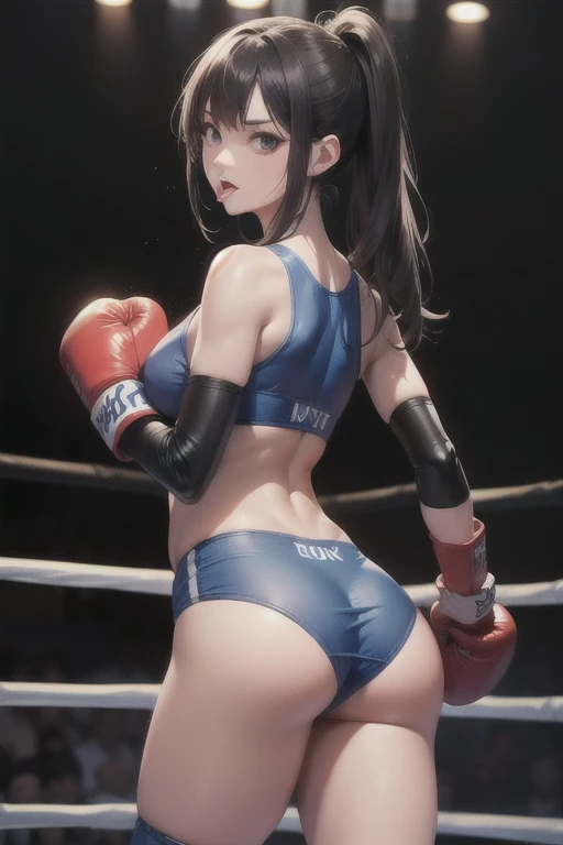 korean beautifull girl,18 years old,Pretty Face,Good shape,detailed picture, Shy expression, blush,White long hair, Wearing sexy lingerie,Wear black pantyhose, Wearing black boxing gloves, Kneeling in a sexy pose on the boxing ring,Large Breasts,Cleavage,Long legs,Thin waist,nipple,Camel toe