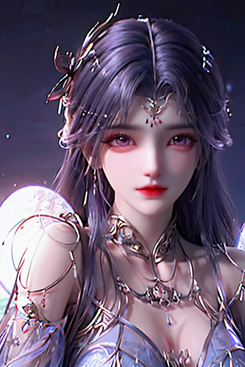 breathtaking yunxi,1girl,solo,hair ornament,purple hair,long hair,jewelry,dress,upper body,magic,purple dress,bare shoulders,earrings,bracelet,backlighting,beautiful detailed eyes,Very detailed eyes,night,magic,Purple flame,Luminous background,Glowing hair,exhaust,light particles,(black background:1.2),star halo, . award-winning, professional, highly detailed, best quality , masterpiece, illustration, an extremely delicate and beautiful, extremely detailed ,CG,unity,8k wallpaper, Amazing, finely detail, masterpiece, best quality,official art,extremely detailed CG unity 8k wallpaper,absurdres, incredibly absurdres, huge filesize , ultra-detailed, highres, extremely detailed,beautiful detailed girl, extremely detailed eyes and face, beautiful detailed eyes,light on face,
