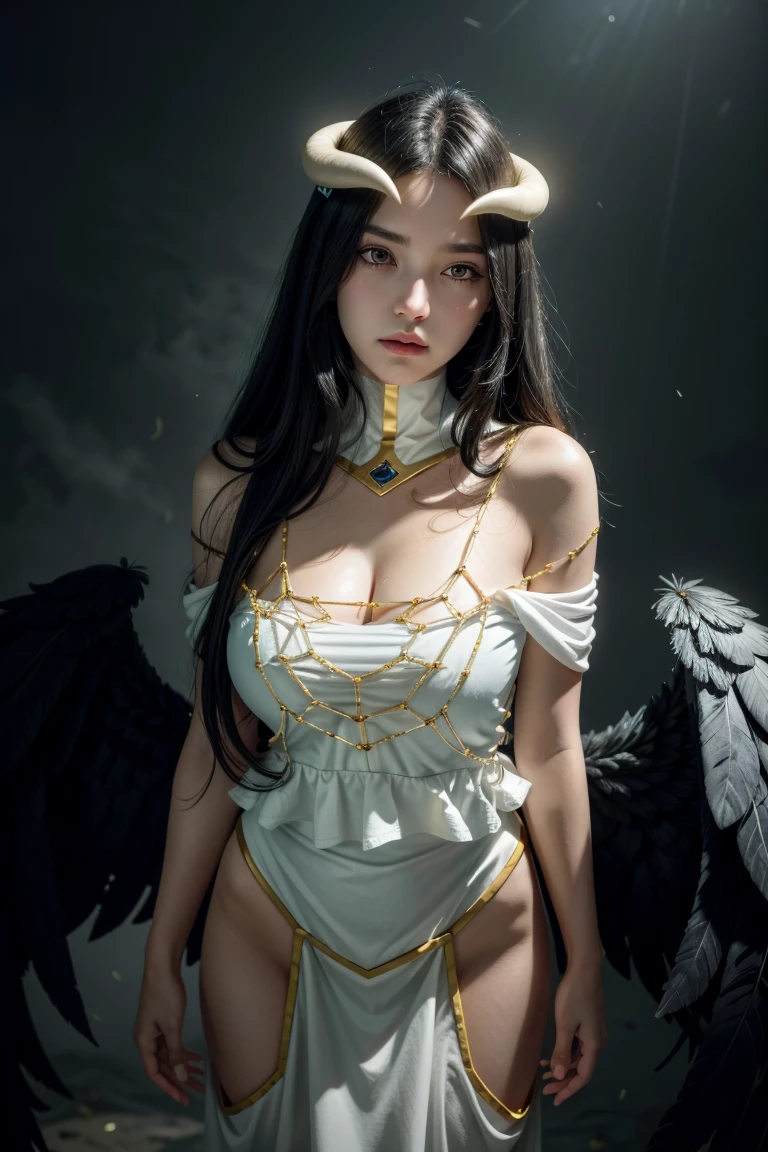 Masterpiece, Best quality, Ultra-detailed, illustration, epic lighting, Cinematic composition, isometry,(hexagons:1.2), 1girll, Horns, Solo, Yellow eyes, Black hair, Long hair, (Low wing:1.2), Large cleavage, Bare shoulders, hair between eye, Medium breasts, (White dress:1.1), Golden decoration, Detached collar, view the viewer, Semi-closed Eyes, (view the viewer:1.1), parted lip, Blush, Black feathers fall, Arena, particle fx, (8K:1.1)