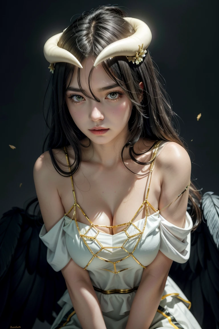 A masterpiece, best quality, ultra-detailed illustration with epic lighting, cinematic composition, isometry, (hexagons:1.2), 1 girl with horns, solo, yellow eyes, black hair, long hair, (low wing:1.2), large cleavage, bare shoulders, hair between eyes, medium breasts, (white dress:1.1), golden decoration, detached collar, viewing the viewer, semi-closed eyes, (viewing the viewer:1.1), parted lips, blush, black feathers falling, arena, particle effects, (8K:1.1) sexy ultra-detailed illustration 