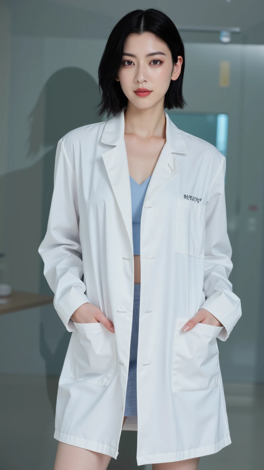 (8k, RAW Photo, Best Quality, Masterpiece: 1.2), (Realistic, Realistic: 1.37), Ultra High Resolution, Photon Mapping, Physically Based Rendering, 1 doctor girl, doctor coat, trousers, long curly hair, bangs, standing, hospital,