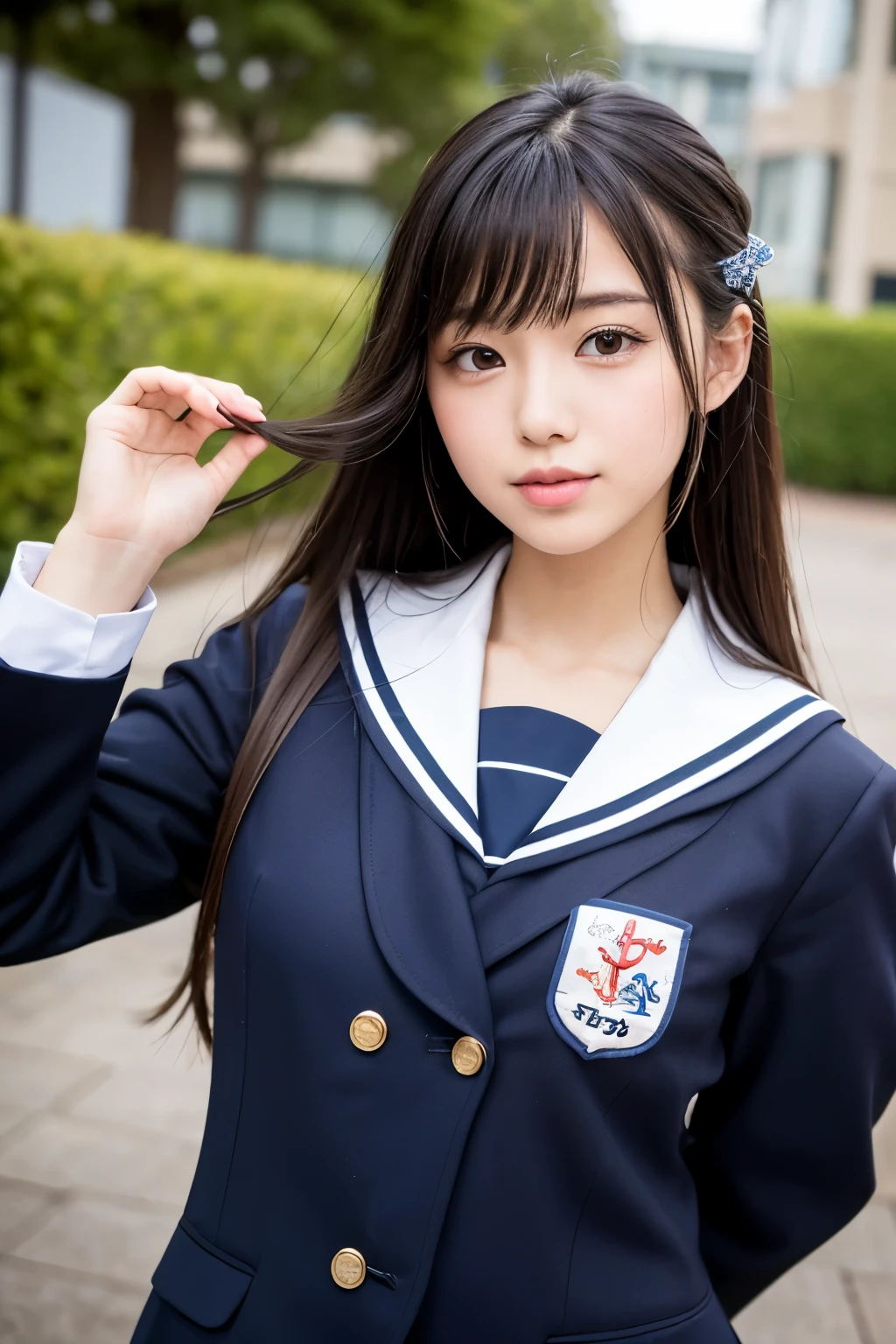 a close up of a person in a uniform posing for a picture, japanese girl school uniform, japanese school uniform, magical school student uniform, seifuku, wearing japanese school uniform, wearing school uniform, magic school uniform, jk uniform, wearing a school uniform, girl wearing uniform, school uniform, sailor uniform, of a schoolgirl posing, loose coat collar sailor uniform