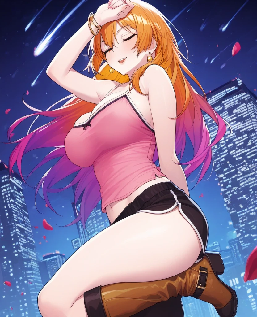 dbv1, orange long hair, black hairband, black choker arround neck, no back black dress, short strapless dress, naked shoulders, medium Breasts hanging, purple eyes, 1girl, full body shot, long legs, black platform high heels, all fours, SIDE shot, smile, looking at viewer, city ,