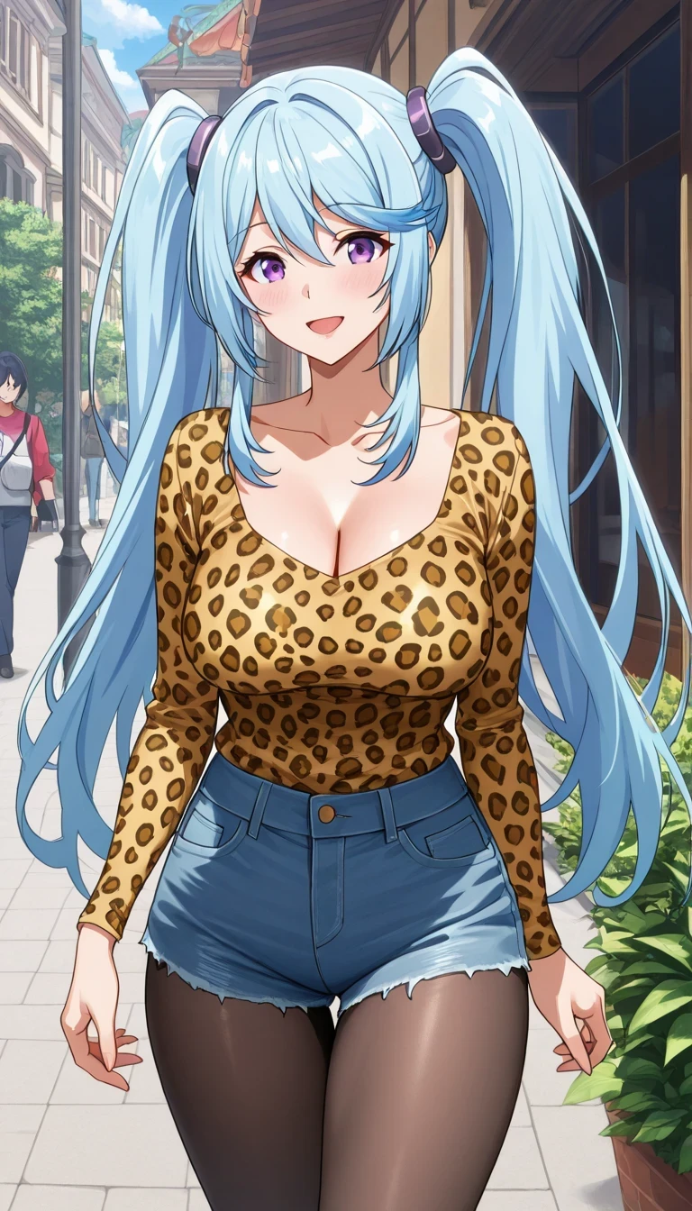 score_9, score_8_up, score_7_up, source_anime top quality、8k、masterpiece、natural light、high accuracy、perfect anatomy、One woman、Mature Woman、medium chest, sagging breasts:1.5, glamorous figure、epsilon, long hair, twintails, blue hair, purple eyes, sidelocks, ( Happy Expression )、Leopard Print Long Sleeve Shirts, Cleavage、Denim Shorts、perfect pantyhose、((Tropical Countryside Scenery))