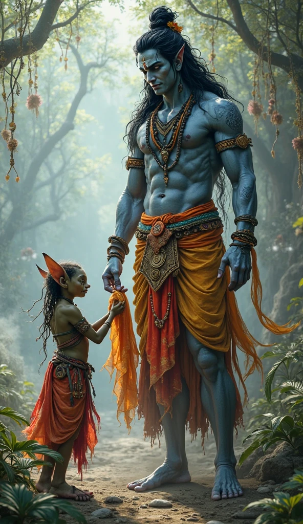 a small human boy stopping Lord Shiva from entering into a palace because maa parvati was bathing
Background has to be himalayas
