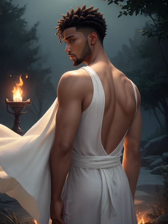 illustration that evoke stoicism men from 25 years old, shirtless, barefoot, strong, slim body Importance of Reason Style: Scientific realism, with a focus on detail and precision. Color palette: Cool, neutral tones (navy blue, gray, white) to convey clarity and objectivity. Expression: A concentrated and determined gaze, brow slightly furrowed in thought. Setting: A young strong handsomen cinnamon sking, man standing on a garden of black roses in the background you can see a chourch, spanish classical model house,golden hour,