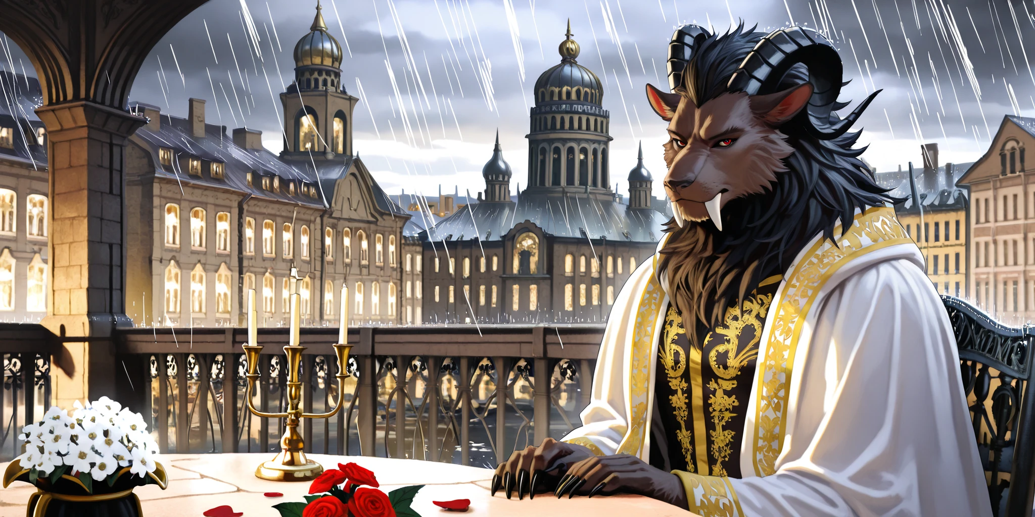 leonhart sits at table, date, festive dinner, king kneeling and holding flowers in hand, king paying attention to the viewer, the king stands in royal robes with a flowers, rain, nobleman leonhart holds flowers, leonhart pays attention to the viewer, loving king, romance, detailed face, large black mane on the neck and chest, black mane, dark brown face fur, dark brown fur, furry, saber-toothed, black mane, black ram horns curved backwards, the body is covered with brown fur, brown thick fur, Leonhart, red pupil eyes, stocky Leonhart, 5 toes, claws, a powerful king a mature man, photorealistic, 8k, a beautiful man, ornate clothing, masterpiece, magical atmosphere, man with a loving,reliable,and protective look,husband's loving gaze, rugged and masculine features, powerful and commanding aura, exuding strength and authority, physique exudes strength and power, remarkable color, ultra realistic, physique exudes strength and power, face portrait from an anthro male beast, detailed fur, realistic fur, animal fur, traditional leonhart, strict leonhart, serious leonhart, stocky, manly, patriarchal, european city, beautiful european buildings, stone city, rain, beautiful tiled roofs, turrets, towers, arches, beautiful medieval european city, fairytale city, cozy city, beautiful surroundings, detailed background