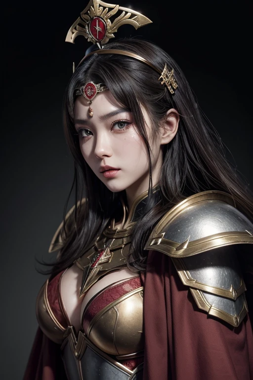 NSFW((masterpiece)), (((Best Quality))), ((Ultra-detailed)), (extremely detailed photo), ((extremely delicate and beautiful)),(Cute delicate face), (A 17 years old dignified girl),(red and black full armor) ,(holding a black glowing sword ),against a dark background in a city,solo, double eyelid,delicate skin,slender body shape,