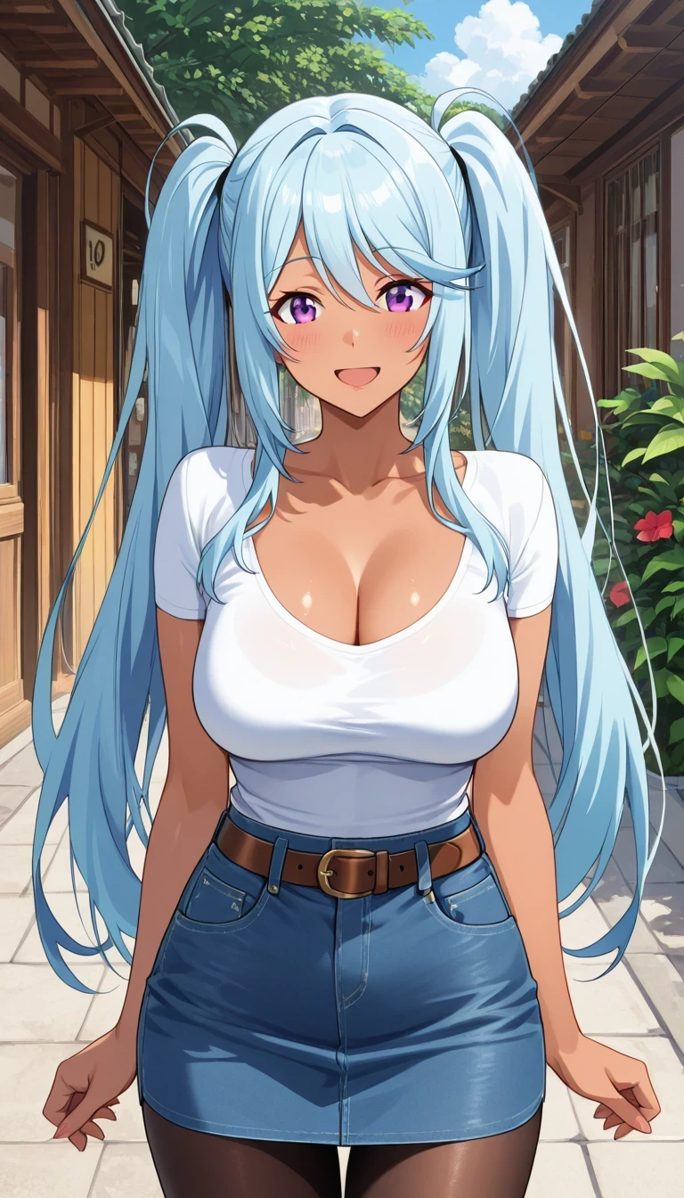 score_9, score_8_up, score_7_up, source_anime top quality、8k、masterpiece、natural light、high accuracy、perfect anatomy、One woman、Mature Woman、medium chest, sagging breasts:1.5, glamorous figure、epsilon, long hair, twintails, blue hair, purple eyes, sidelocks, ( Happy Expression )、tight cropped t-shirt、(Cleavage)、DENIM MINI SKIRT、brown belt、perfect pantyhose、tanned skin, ((Tropical Countryside Scenery))
