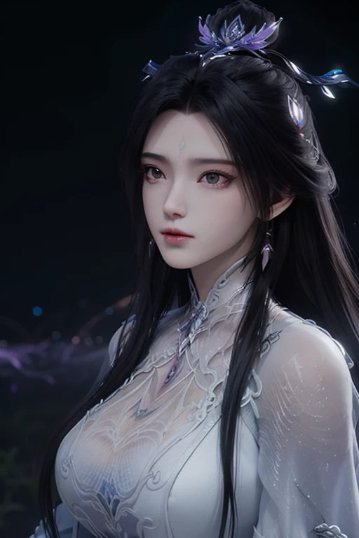 evil anime human woman. half-up long black hair. fair skin. purple eyes. gigantic boobs. Modest Wuxia clothes. snowflake necklace. mauve smirking lips. Realism style. 3D anime model style. CGI animation. Wuxia style. Frosted Garden background.