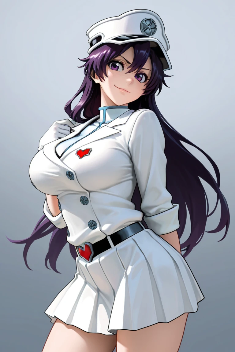 masterpiece, best quality, highres,
BambiettaDef, 1girl, solo, black hair, bangs, purple hair, purple eyes, hair between eyes, very long hair, brown eyes, long hair, breasts, large breasts,
cleavage, collarbone, no bra, skirt, long sleeves, hat, jacket, heart, pleated skirt, belt, uniform, groin, military, military uniform, white headwear, white jacket, white skirt, peaked cap, military hat,
<lora:LoRA_Bambietta:1>, sitting, spread legs, cameltoe, skirt lift, panties, looking at viewer, arms behind head, outdoors, grass, field, forest, sunlight, cloudy, laughing,