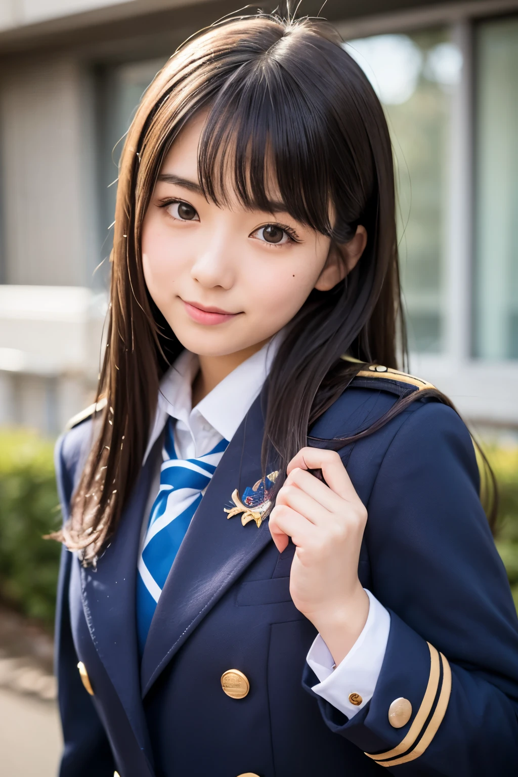 a close up of a person in a uniform posing for a picture, japanese girl school uniform, japanese school uniform, magical school student uniform, seifuku, wearing japanese school uniform, wearing school uniform, magic school uniform, jk uniform, wearing a school uniform, girl wearing uniform, school uniform, sailor uniform, of a schoolgirl posing, loose coat collar sailor uniform