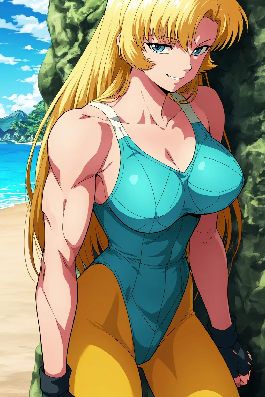 (highly detailed skin, detailedeyes:1.1), details Intricate, best qualityer, 8k hd, soft lighting, vegeta, Giant tits, Abdomen, (muscular girl), thick-thighs, big-ass, slightly wet, (female:1.2), ssmile, hair blonde, greeneyes, super saiyan, 比基尼, ( pretty) , ( Aesthetics)