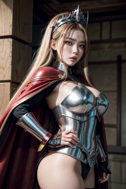 8k,Ultra-high resolution、Masterpiece、Big smile、Photorealistic、Astonishingly beautiful realistic portrait of a Western woman、Beautiful Woman Photos、Symmetrical, realistic face with great detail、Highly detailed textures、Bright colors、Detailed background elements、Deep sense of depth、Unique lighting effects、Complex composition techniques、Camera angles that emphasize the beauty of the character and environment、 Depth and atmosphere、Elaborate details and clarity、((Elvish、expensive、Bust Shot、Focus from the chest up,Lean and muscular physique、Ultra detailed face、Ultra-realistic textures、Detailed eyes、High quality eyes、High quality face、Shining Face、blue eyes))、(((Blonde、Perfect hands)))、In front of the city gates,(Extremely intricate black leather armor、Red Cape、Leather Belt、Knee-high boots、Black gloves、Bracers))、ダークFantasy、Detailed hand drawing、Looking at the audienceください,Mysterious look、Fantasyの背景、Rim Light、Ultra-high resolution、Film Grain、Best Shadow、delicate、to be born、Particles of light、Fine skin、Intricate details、Very detailed、A powerful deception、 Fantasy,Perfect lighting、Looking at the audience、Cinema Lighting、wonderful,Muscular Beauty,Dynamic pose,Very large breasts,
