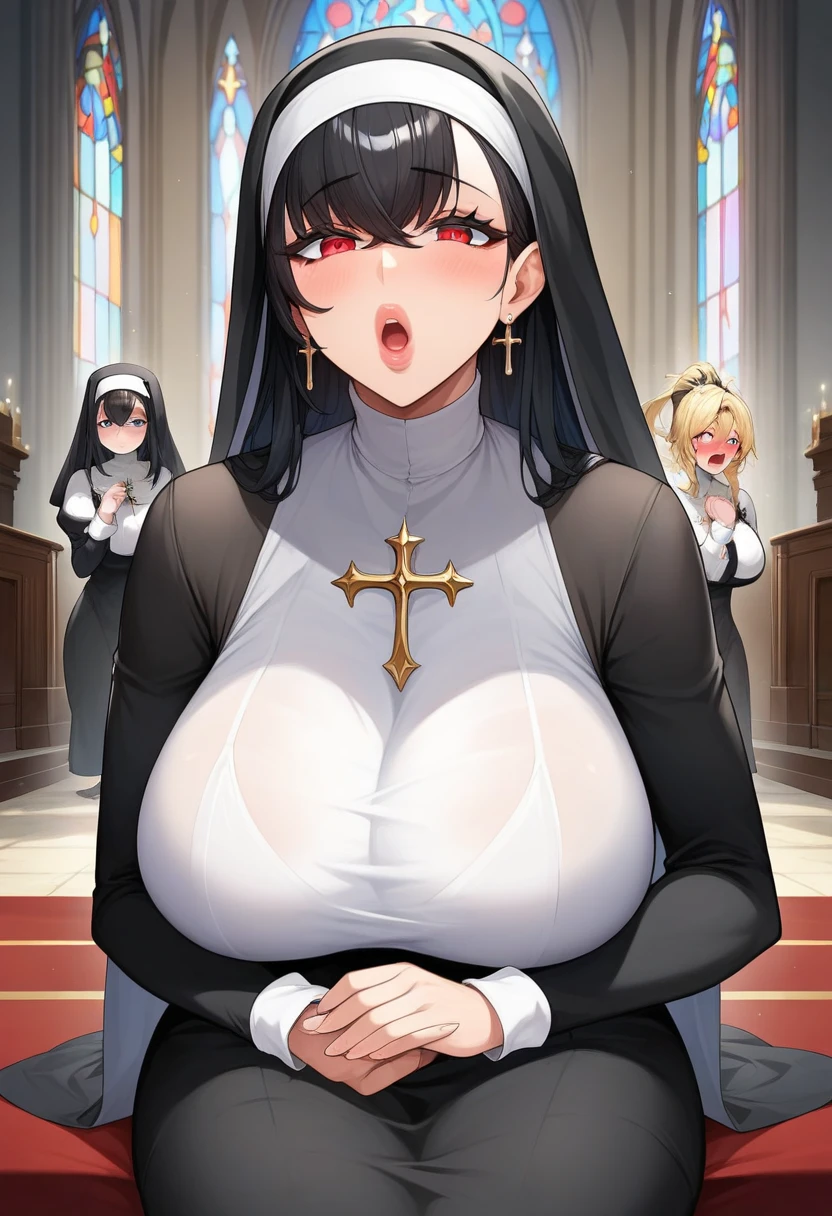 (((Mature Woman,nun))),(((men touching a woman's breasts from front))),(huge breasts),((best quality)),(orgasm:1.2,intense ecstasy),(tears),(Sweat:1.3),(open leg),((at the church:1.1)),(skirt:1.1),(button-down,woman is wearing lace),(Latex,Red,Gold clothing),(Squint eyes:1.2),(embarrassing,blush),blonde,nsfw