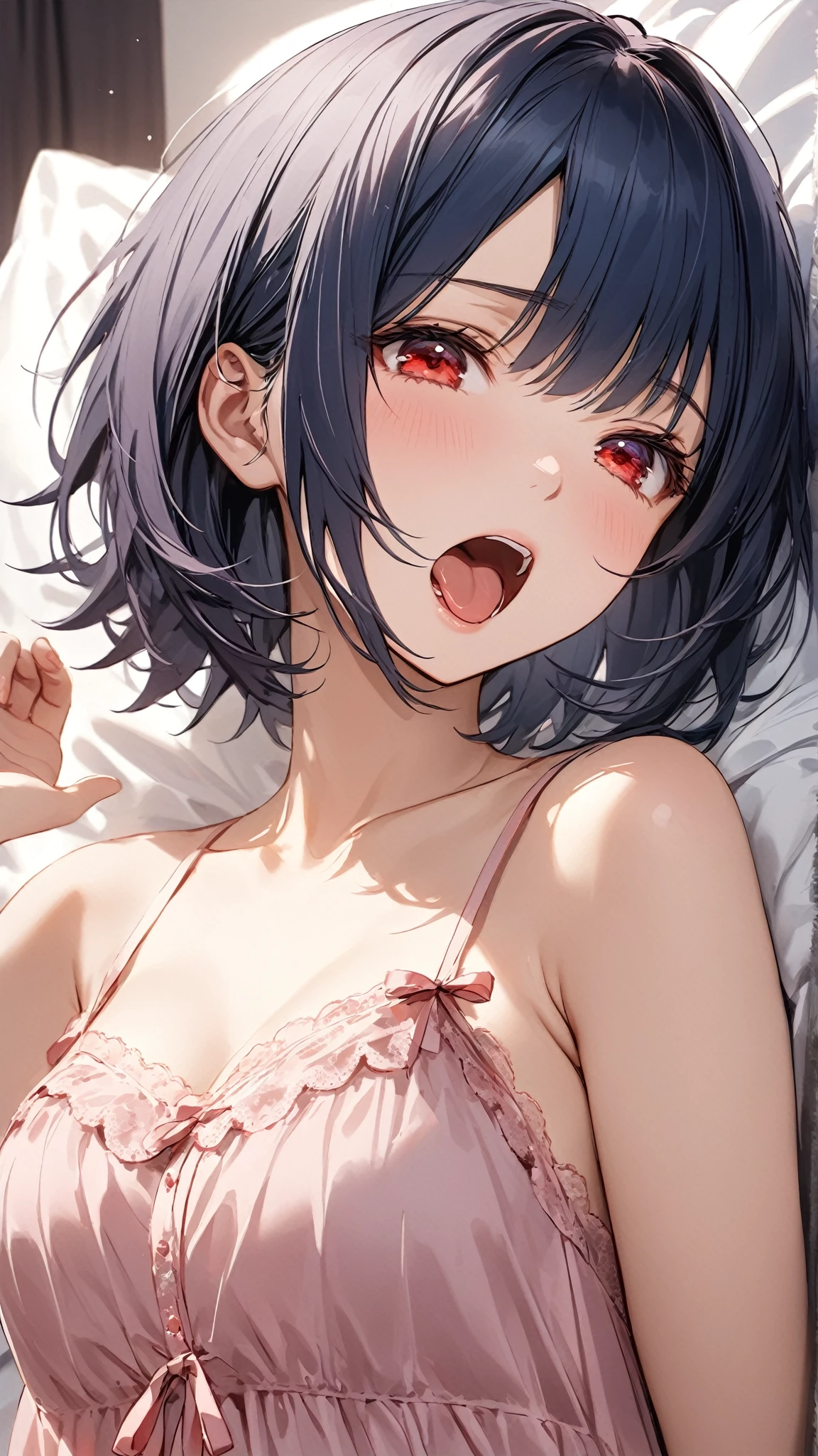 lie on one’s back,side view,lick,open mouth,tongue out,cum on tongue,1girl,(((((12-year-old girl))))),(((((Short,))))),slender,small breasts ,looking at viewer, looking ahead,from above,upper body,Black Hair,Long Hair,one side up,Gray Eyes,Drooping eyes,slit pupils,narrow eyes.Mischievous smile,Sheer black and pink negligee,Sexy Lingerie,Collar with leash,Dimly lit room,On the bed,Dim lighting,Beautiful and detailed anime art