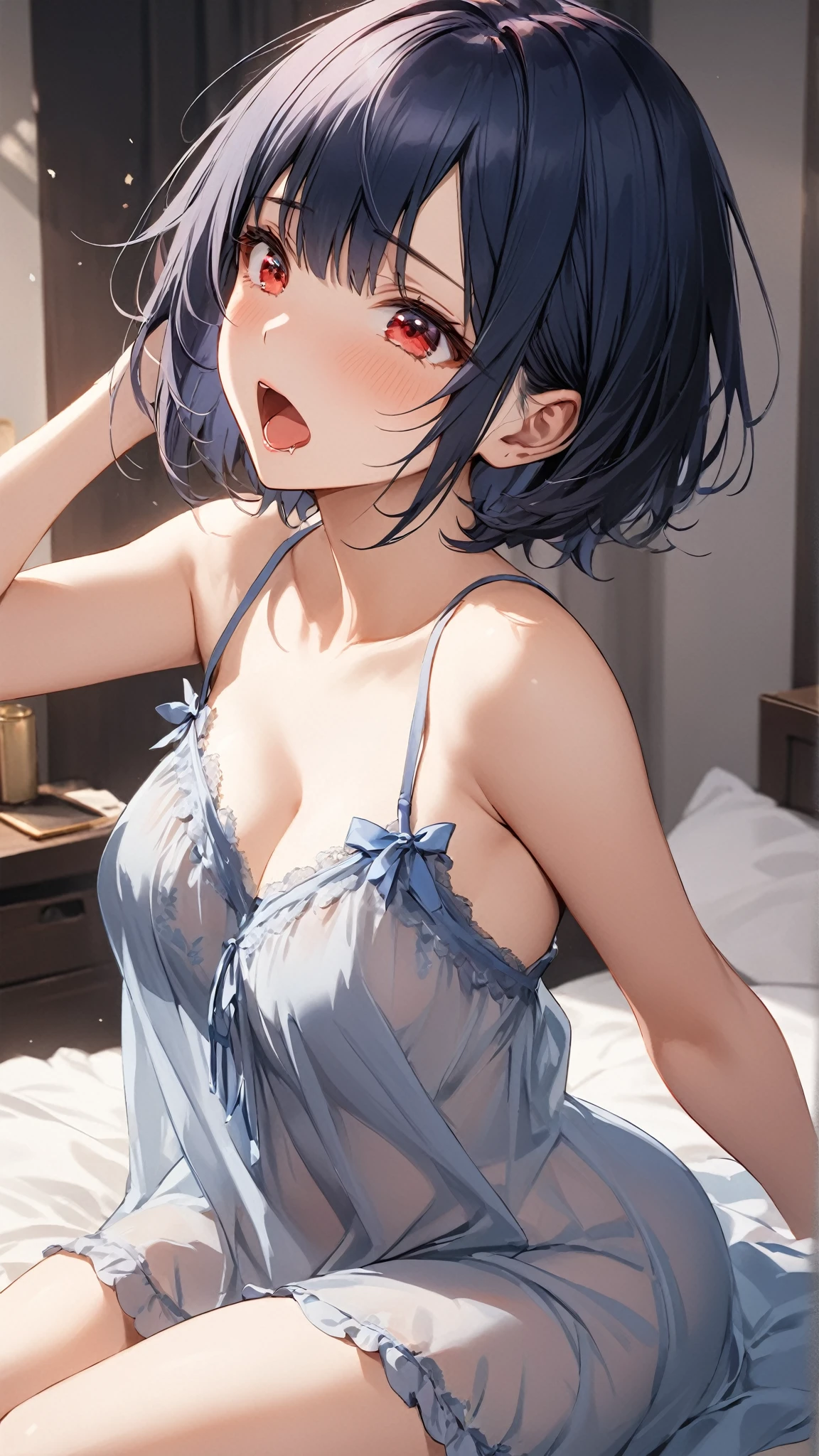 {{{dynamic angle}}},{{{Beautiful large and medium breasts 1:4}}},{{{{masterpiece,highest quality,figure}}},{{beautiful eyes 1:4}},tatami,narrow and clean eyes,{{Bra cleavage visible through loose white T-shirt}},{{leaning forward}},get down on all fours,cleavage,avert your eyes,Burachira,{{{black bra}}},Medium ponytail hair,high school girl,medium hair,,Shyness,(Photoreal:1.4),{{calf white socks}},{{thin and beautiful eyes}},{{wide angle}},{{blue hair}},{{{white dress shirt,blue black blazer,}}},{{{Actual photo 1:3}}},{{droopy eyes}},{{100 floors}},{{high quality eyes}},{{middle hair}},{{Calf Socks}}, {{asymmetrical bangs}},{{amount}},super dense skin,thin eyebrows