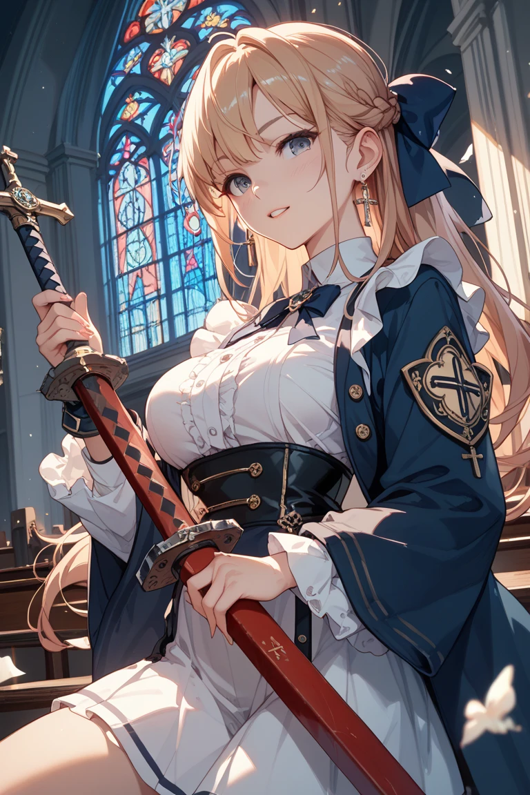 ((Best quality)), ((masterpiece)), (detailed), fantasies, Elf, long white dress, stockings, sword in hand, backpack backpack