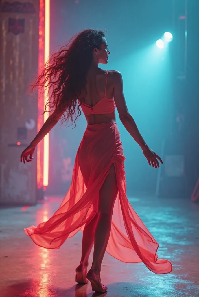 Red-haired snake woman,in a red light show with red and starry clothes