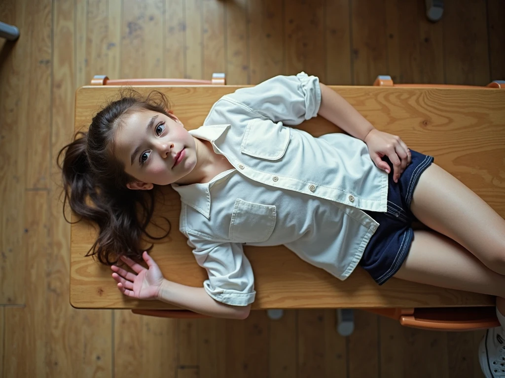 A girl about is lying on a metal examination table and has to give a urine sample. They try to reach her and she can just let the pee run and it then flows into a container for a urine sample in the hospital.