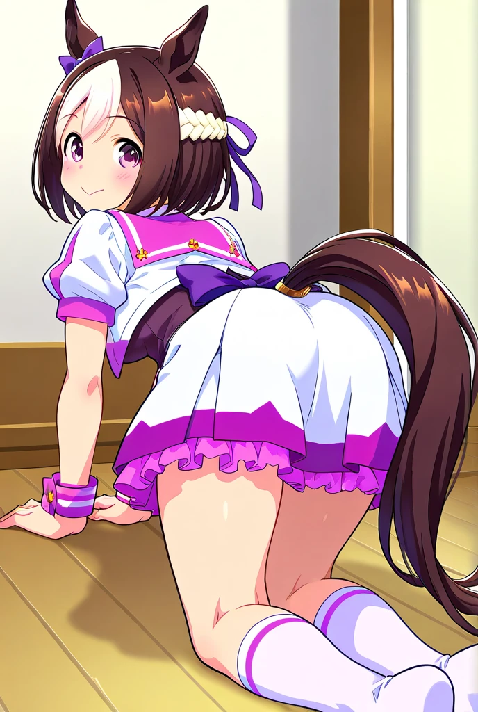 Torisan, 1 girl, special week /(umamusume/), horse girl, panty shot, sketch, hentai THEMA, in train, standing, blush, big ass, serafuku, pleated skirt, panty, shiny skin, sweat, steam, beautiful color, detailed, amazing quality, nsfw