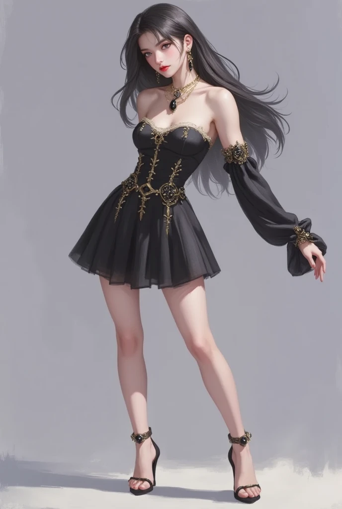 masterpiece, top quality, 8k, real person,Castle Background、Delicate hair、Shiny Hair、 shiny skin, Delicate skin、Black Hair、Straight Hair、A beautiful woman、naked、Black Horn、Black Feather、Golden Eyes、Gold Necklace、Gold Tiara、Gold Bracelet、Gold earrings、Black Dress、金の装飾がついたBlack Dress、Standing、Full body angle、Black Stockings、Black high heels、Golden anklet、mini skirt