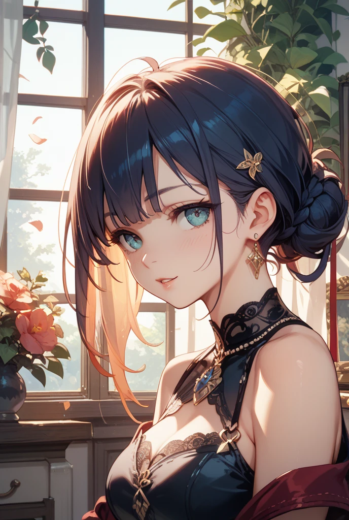 Anime Waifu beautiful detailed eyes, beautiful detailed lips, extremely detailed eyes and face, longeyelashes, 1girl, sensual, young woman, medium breasts, beautiful feminine face, nice thighs, slim, sexy, erotic, beautiful clothes, perfect body, cinematic lighting and framing, (best quality,4k,8k,highres,masterpiece:1.2),ultra-detailed,digital painting,portrait,glamorous,highly detailed,soft lighting,warm color tones Ilustrações de alta qualidade。 Angle from behind、Black bob hair、hairpin、high school girl、color々Position、Grin、Smiling and drooling、Large Breasts、Soft Breasty chest is shaking、shake、shake、、Browsing Caution、