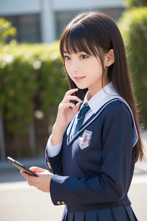 (8k, Photorealistic, RAW Photos, Best image quality: 1.4), Japanese girl、Super detailed face、Eye on the details、double eyelid、Sharp focus:1.2、Beautiful woman:1.4、Light brown hair、Highest quality、masterpiece、Ultra-high resolution、(Photorealistic:1.4)、非常に詳細でプロフェッショナルに照らされたsmile、(Japanese high school uniform:1.5)、blush、amount、Small breasts、Hair Bun、From above、High angle、smile、Selfie、freckles、classroom,Sitting at a desk、Knee-high socks