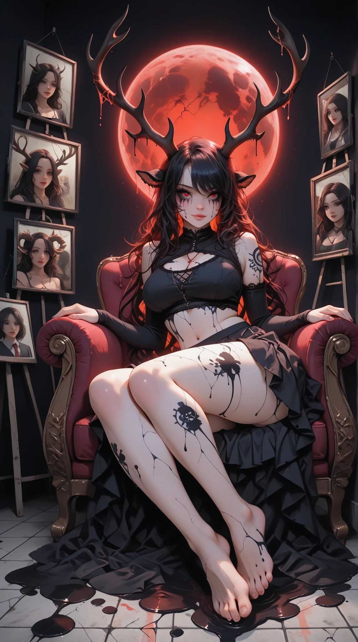 seductive naked lady with ample bosom and wearing no clothing, devil horns, black color scheme, black hair, blue eyes, smirk, standing up