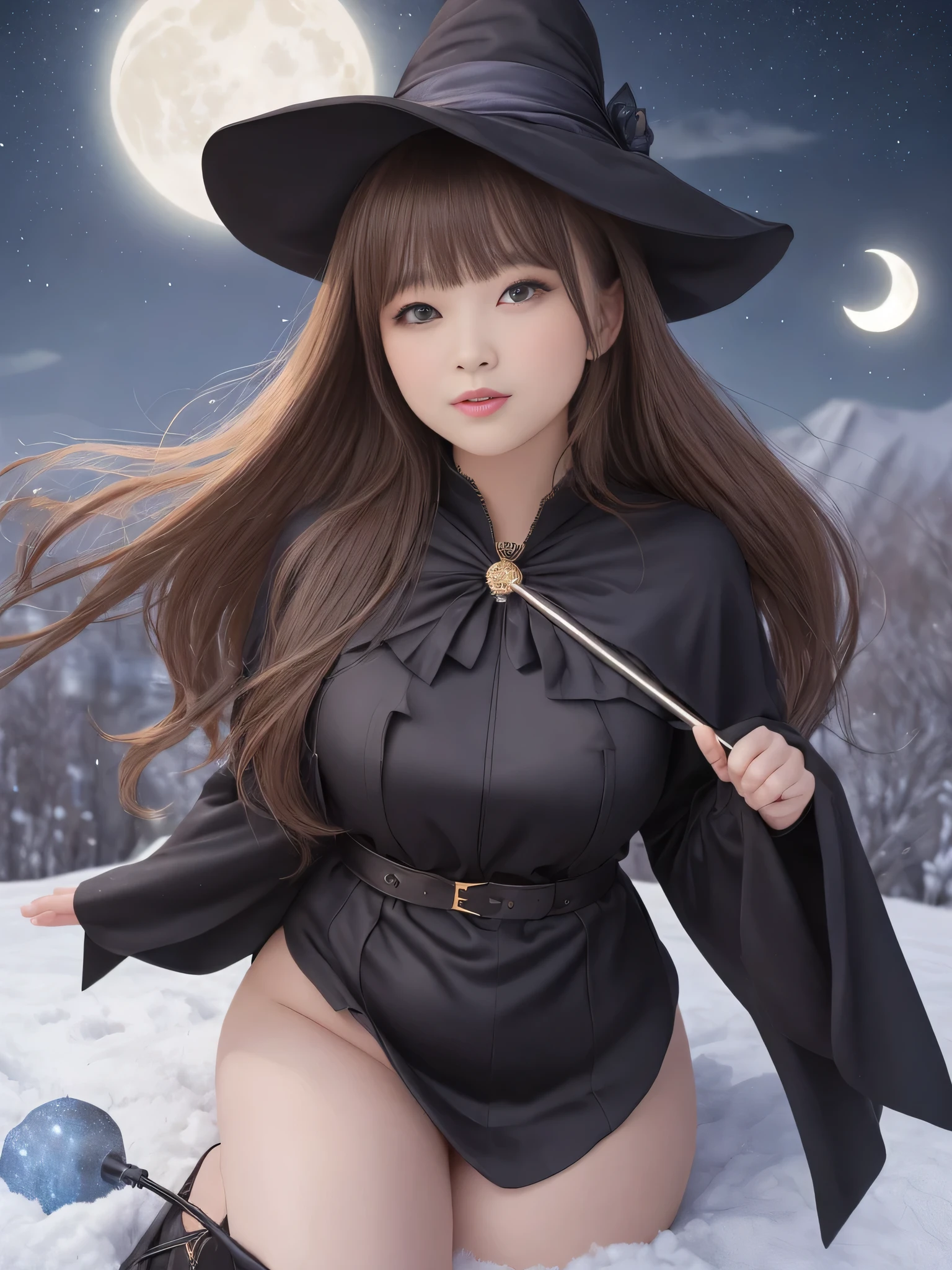(Highest Quality)、masterpiece、hyperrealism、highlights are great、( beautiful witch), boots, velvet dress,pointy hat、full moon night、sexy woman、lustrous brown hair 、middle twin tail、circlet、cute、lips、Laughter 、Perfect Body、Protruding breasts、Chubby Glowing Thighs、curvy、Absolute airspace 、(little character)、acrobatic angle、amazing beauty、cloak、magic wand on the hill、 ice spell 、tarot card with mana,Black Cat, ,Antiques, Mysterious, artemis、Taken with X-T4,85mm,blurry background,