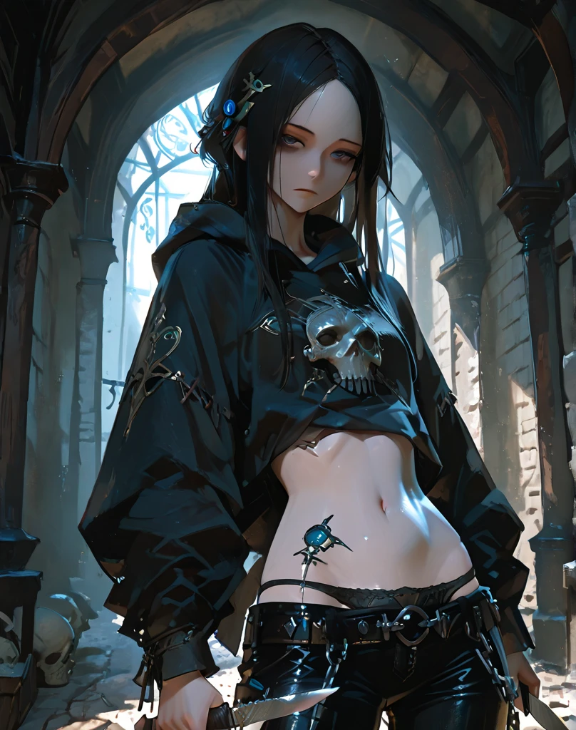 grim reaper, black scythe, robe, absurdres, RAW photo, extremely delicate and beautiful, masterpiece, Best Quality, ultra high resolution, 32k, hyperrealistic, ultra-detailed, detailed description, pale skin, 20 years old, tearful mole, earring, short medium hair, wavy hair, whole body shot,