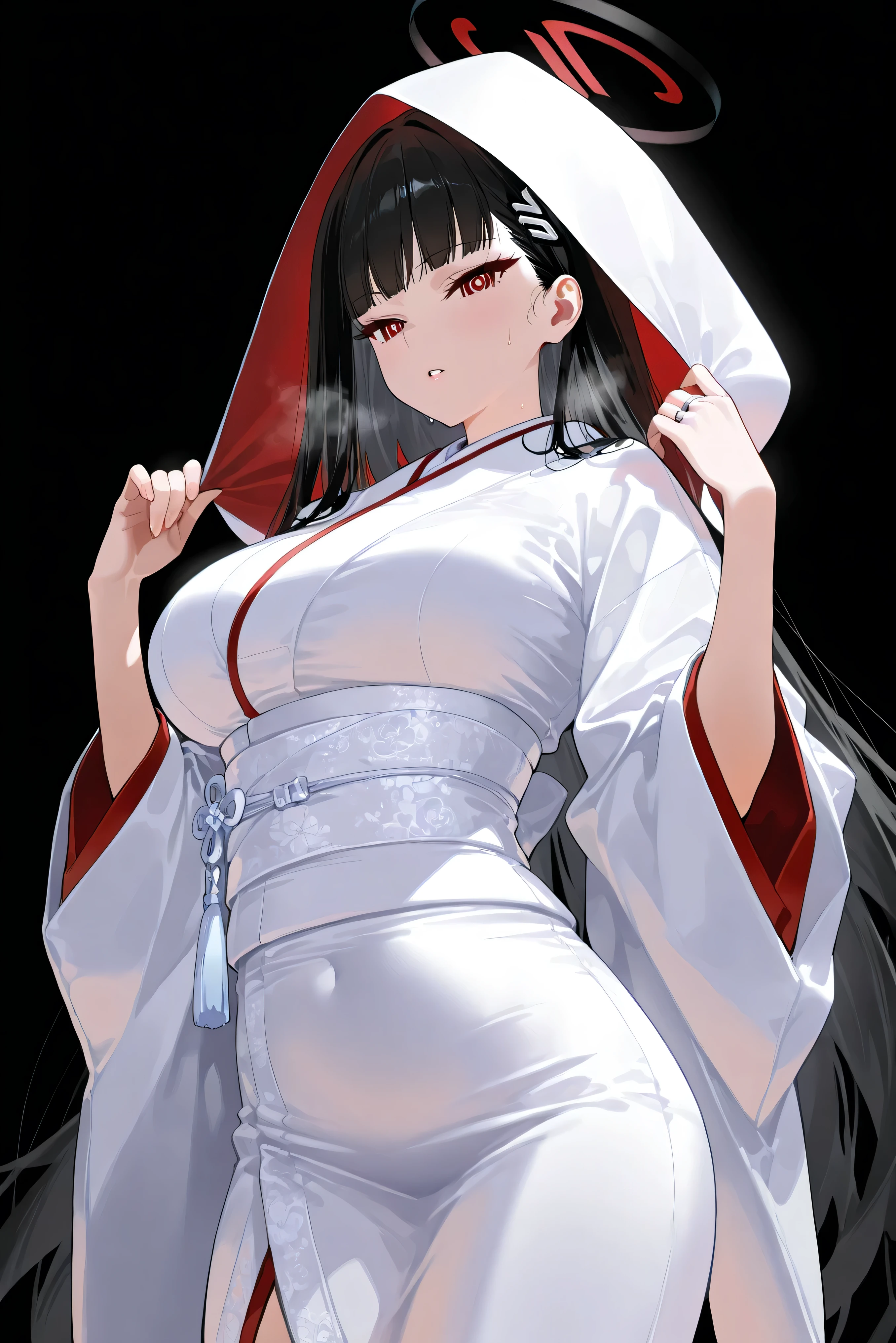 score_9, score_8_up, score_7_up, masterpiece, best quality, very aesthetic, absurdres, tunning image, attractive image, solo, 1girl, adult grown woman, rio, black hair, red eyes, hair ornament, hairclip, halo, long hair, heavy breathing, masterpiece,best quality,amazing quality, 5 fingers, sunshine, clear face, simple background, clean black background, masterpiece, super detail, epic composition, ultra HD, high quality, extremely detailed, official art, uniform 8k wallpaper, super detail, 32k, uchikake, wataboushi, shiromuku, white kimono, hooded kimono, bride, japanese clothes, hood, wedding ring, 1 ring, cowboy shot,