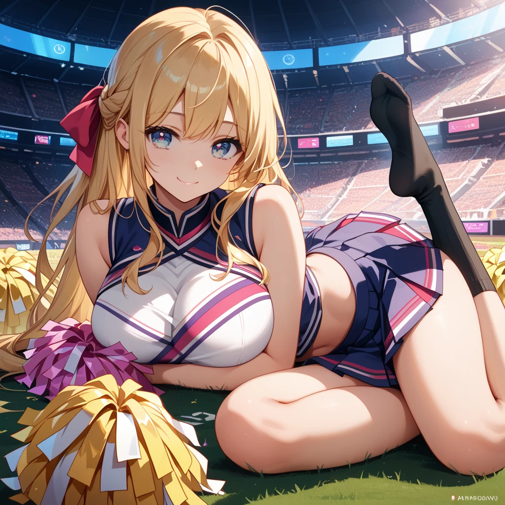 ((Best quality, masterpiece, absurdists)) supergirl: 1.5, 1girl, woman ((19 years old, big breasts, long blonde hair)) , wearing cheerleader uniform ((cropped short sleeve high navy blue, red pleated skirt, white thong panties with garter,supergirl cosplay, white sock)), sexy body, cute girl, bathing suit, perfect body, warm with bright sun, American football stadium