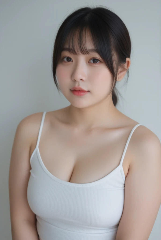 a pretty korean feminine soft girl with wavy hair and bangs