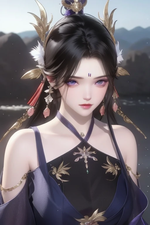 (best qualtiy,tmasterpiece:1.2),超高分辨率,realisticlying,Front lighting,Complicated details,Exquisitedetailsandtextures,(1girll),独奏,The upper part of the body,Purple Hanfu,Nice big eyes,Purple dress,Petal decoration,beauitful face,facing to audience,Streamers,gossamer,(年轻),Facial highlights,Detal Face,tear-mole,white skinned,Silvery hair,High ponytail,looking at viewert,largeeyes,(Openwork pattern),耳Nipple Ring,slimfigure,white backgrounid,correct hand,profesional lighting,photon maping,Radio City,physically-based renderingt
