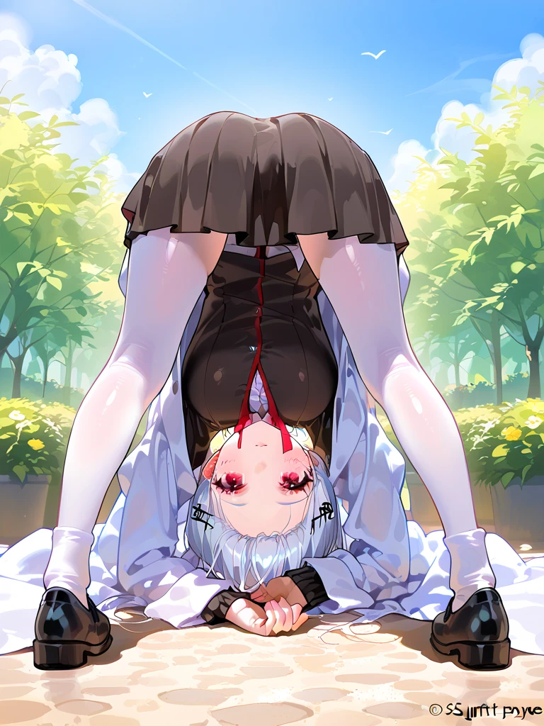 ,1young_teen_ girl,medium_blond_hair,white_leotard,covered_crotch,thigh-highs,smile,town_landscape_background,slightly_spread_legs,happiness, short_gloves ,solo, r18, navel,short,boots,open_mouth,knees,blush,shy,piledriver,(crotch:1.3),blush ,anal,anus,