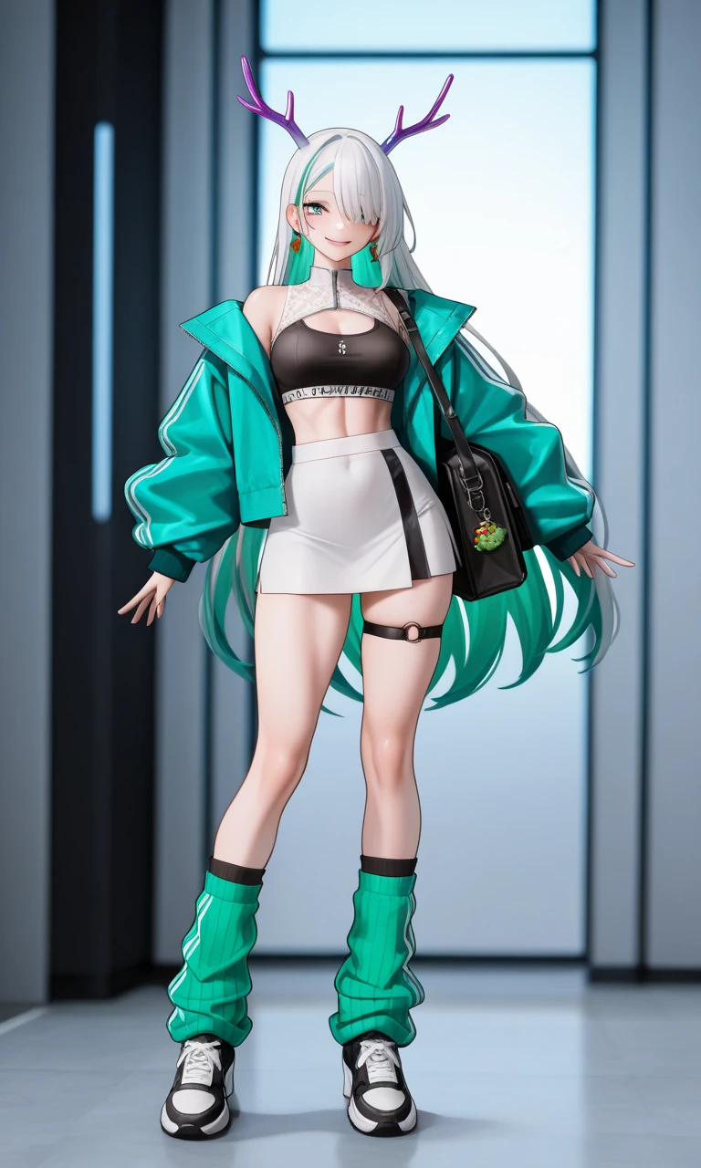 Cyberpunk Girl wearing a phosphorescent yellow green clothes and sneakers