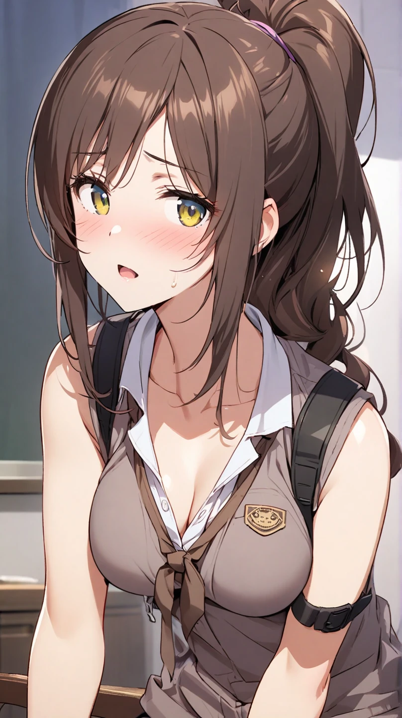 An anime girl with long brown hair, green eyes, dressed in a of white shirt and black tie and has a notebook because she is deaf
