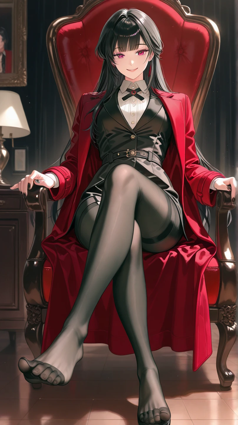 (masterpiece), best quality, (HD), (8k), extremely detailed, HDR, expressive eyes, perfect eyes, perfect face, illustration, ((wallpaper)), professional, epic, scene, sharp image, clear image, amazing details, ((detailed background)), bare shoulders, tail, brown pantyhose, bowtie, rabbit ears, red bow, wrist cuffs, strapless, detached collar, fake small rabbit ears, playboy bunny, rabbit tail, red bowtie, black leotard, bow, sitting, thrones, crossed legs, grin, (feet:1.1), rukia (bleach), choker, necklace shinny black leggings ,thin arms,thin legs,thin body,big round chest,high hails