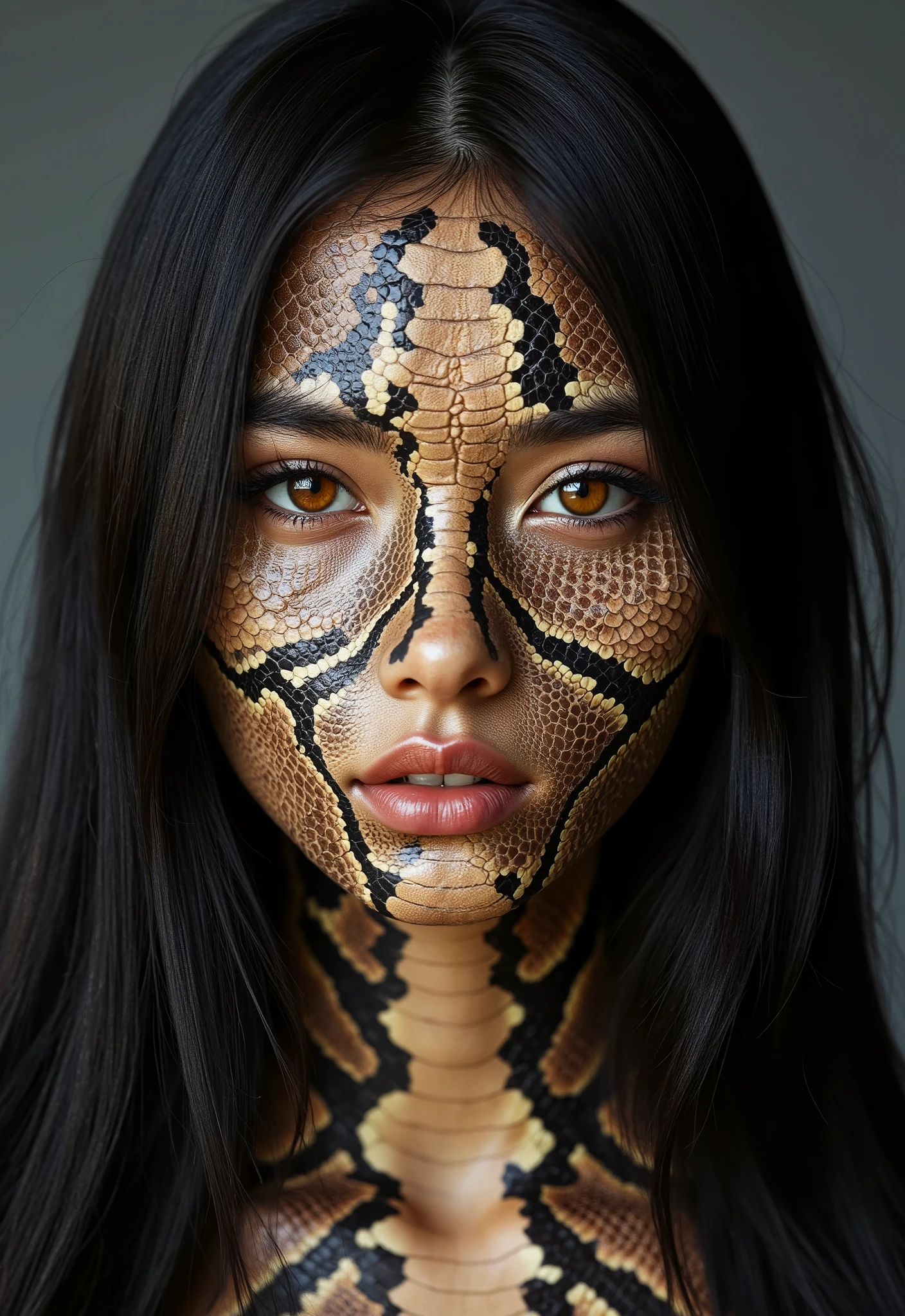 A photorealistic portrait of a ((woman whose entire face and visible neck are covered in detailed snake skin)), ((brown and tan python snake scales.)) Her eyes are a vibrant, (glowing orange). She has long, straight, dark black hair framing her face and dark black eyebrows. Her lips are full and have a natural, slightly glossy appearance. The lighting is even and focused on her face, highlighting the texture of the scales. The background is a smooth, dark grey.