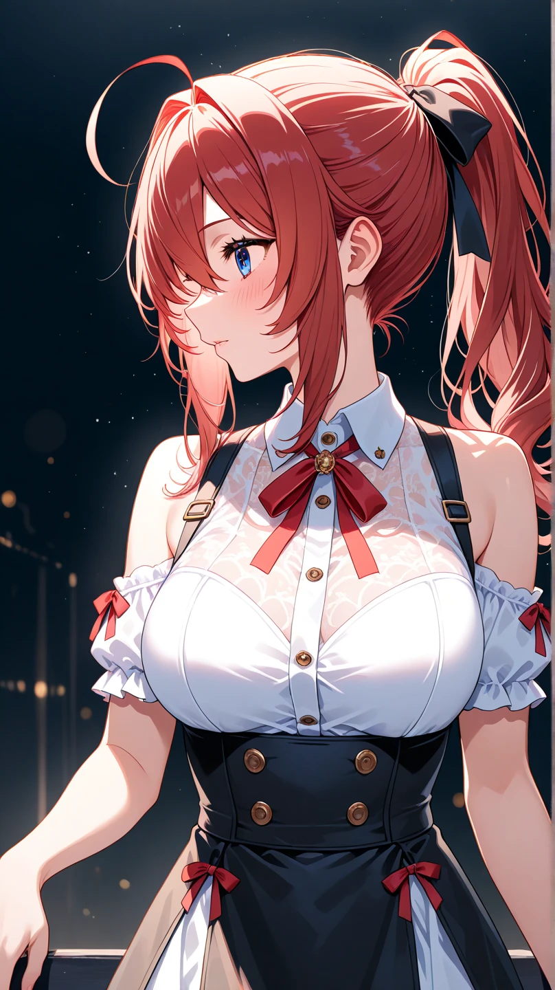 Upper half body, Brown jacket, Autumn red Short hair, Marine Blue Eyes, Short red hair with bangs, Snow White hair headband, Large Blue Eyes, Sea Blue neck Bow tie, grunge wooden Brown grunge jacket, White dress, Big breasts, convert into grunge anime Style, cleavage, insane details, (masterpiece, best quality)