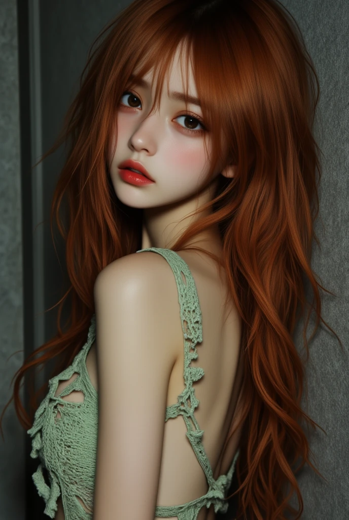 1girl, star eye, blush, perfect illumination, red hair, red eyes, unreal engine, sidelighting, detailed face, bangs, bright skin, simple background, dark background, , showing butt, deer horns, drawn in crayon