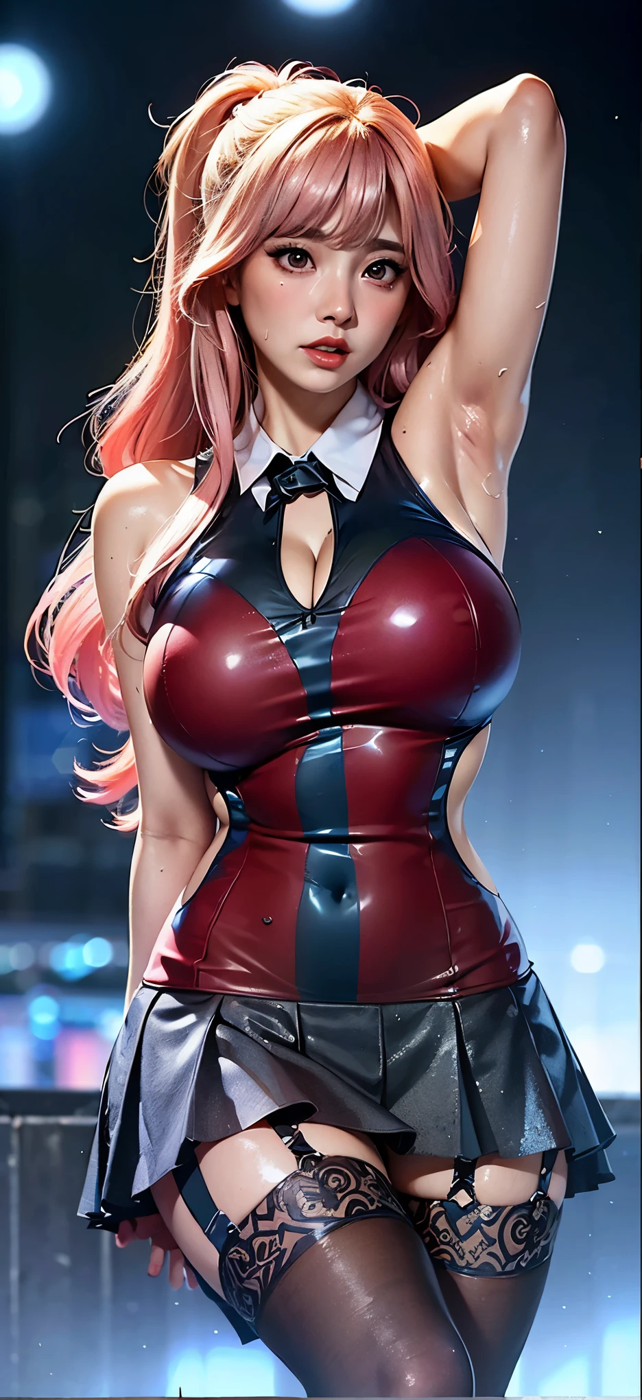 Harley Quinn wearing a skimpy miniskirt outfit, beautiful girl, nsfw, thick thighs, busty, cleavage, not safe for work, nipples, perfect vagina, trimmed pussy hair, thick pubic hair, dark inspired makeup, able to see nipples & pussy through clothing, stripclub background, sexy pose