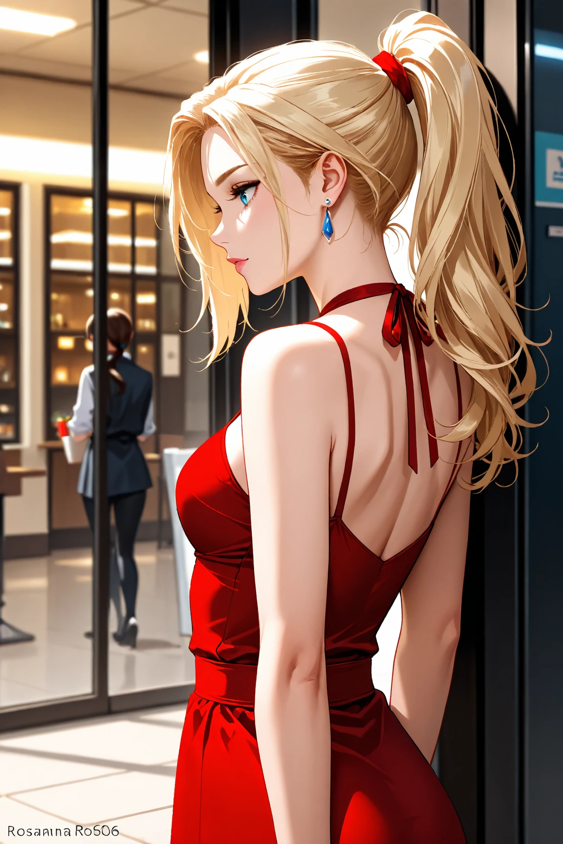 1 girl, blonde updo hairstyle, big breast, wearing red dress, cleavage, black heels, perfect body, fullbody shot, in the ballroom, crowded with people, wedding event, detail eyes,