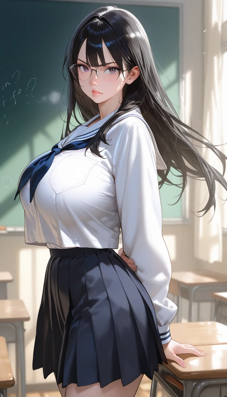 high school girl、beautiful girl、Black Hair、Big breasted body type、Big Hips、From behind、Sailor-style 、She is flipping up her navy blue pleated skirt、Flushed Cheeks、Moist eyes、Shy expression、The veranda on a rainy day、Erotic atmosphere、Immoral scene、Sensual scene、Wet Hair、Wet Skin、Wet clothes、