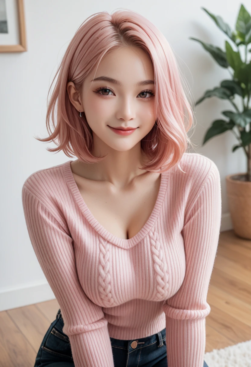 (very detailed body、breast size 3, very detailed face、Best quality:1.2)、FEMALES、I look at the audience、(pink haired, nationality American 20 years old、small smile、Bright clothes, sexy clothes)、(girl&#39;s room with interior in pink tones on the background、Worldview in the middle of the road