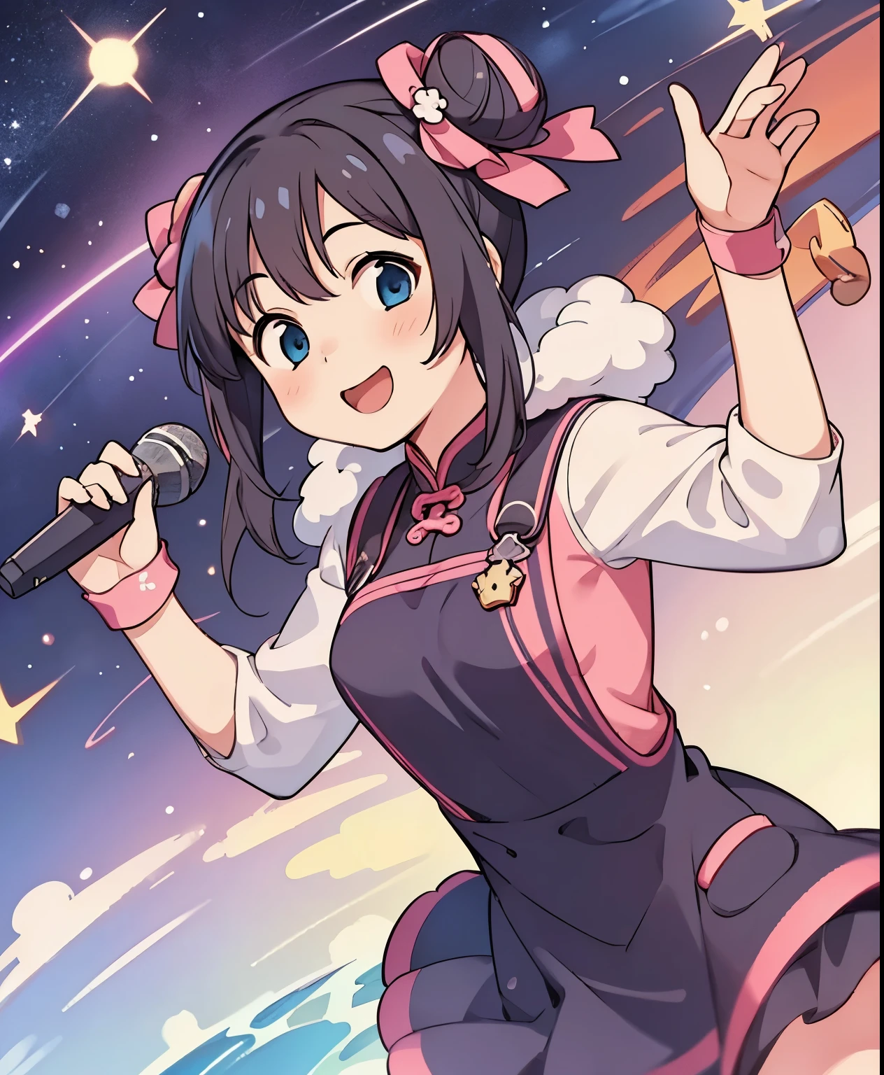 (masterpiece、Highest Quality、Highest Quality、Official Art、beautiful and beautiful:1.2)、(1 girl on break day:1.3) Ling Min Mei ,1 girl, two big bun hair、black hair、beautiful breasts, Watch Viewers, smile, (( Ling Min Mei of macross)),red china dress、open your mouth, blue eyes , microphone, music, space, ホルディング microphone, Singing ,