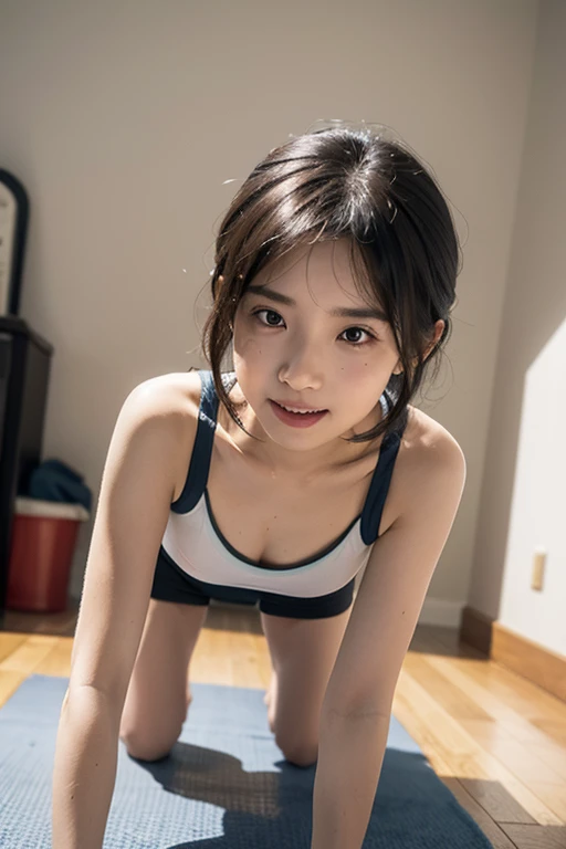 masterpiece, best quality, ultra-detailed, smile, 1girl, long hair, hairband, downblouse, ((extended downblouse)), gym, ((camisole)), ((yoga pants)), split, leaning forward, bent over, hands on own knee, sweat, (nipples)