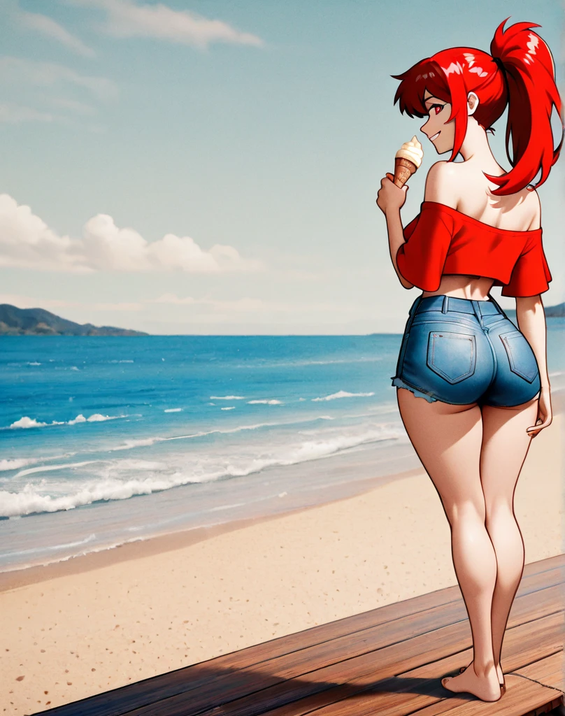 the camera zooms in on the woman's buttocks, realistic 3D character, red hair, blue eyes, thick thighs, wearing a short pink bikini